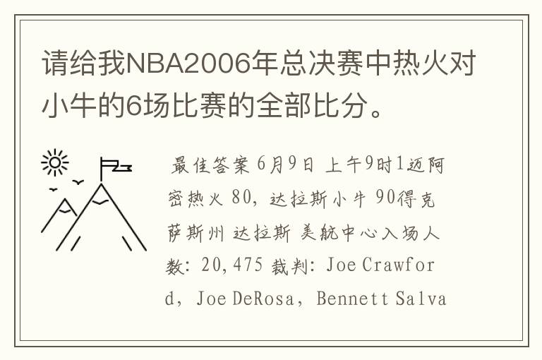 请给我NBA2006年总决赛中热火对小牛的6场比赛的全部比分。