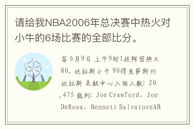 请给我NBA2006年总决赛中热火对小牛的6场比赛的全部比分。