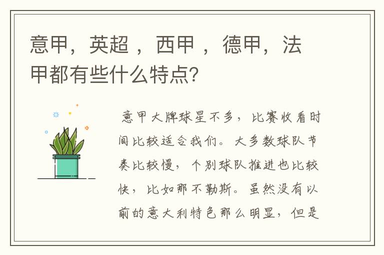 意甲，英超 ，西甲 ，德甲，法甲都有些什么特点？