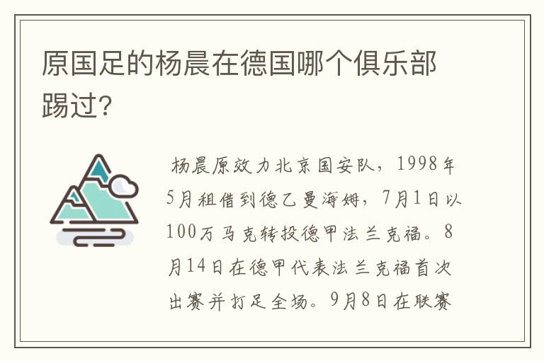 原国足的杨晨在德国哪个俱乐部踢过?