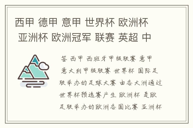 西甲 德甲 意甲 世界杯 欧洲杯 亚洲杯 欧洲冠军 联赛 英超 中超  分别是什么意思啊？