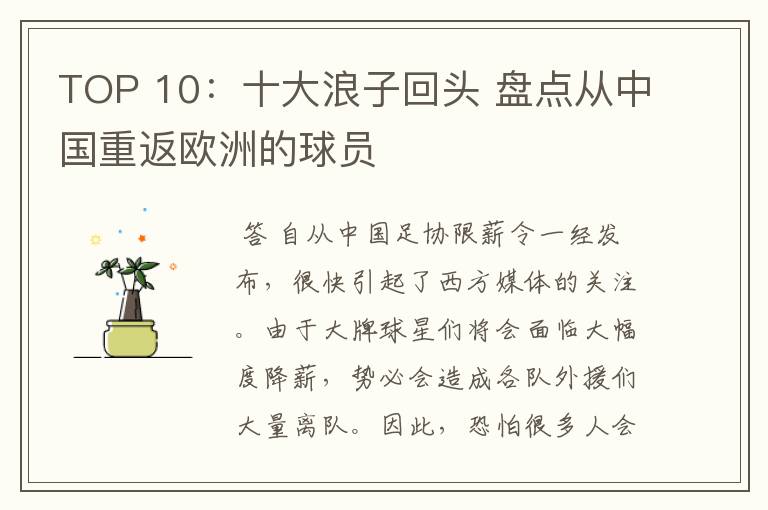 TOP 10：十大浪子回头 盘点从中国重返欧洲的球员