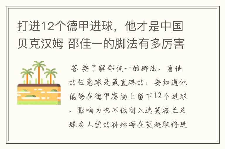 打进12个德甲进球，他才是中国贝克汉姆 邵佳一的脚法有多厉害