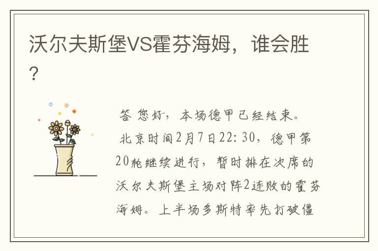 沃尔夫斯堡VS霍芬海姆，谁会胜?