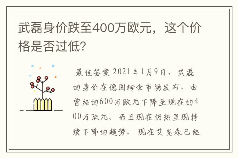 武磊身价跌至400万欧元，这个价格是否过低？