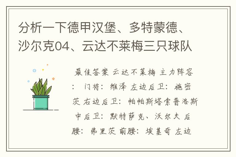 分析一下德甲汉堡、多特蒙德、沙尔克04、云达不莱梅三只球队的人员打法和阵型