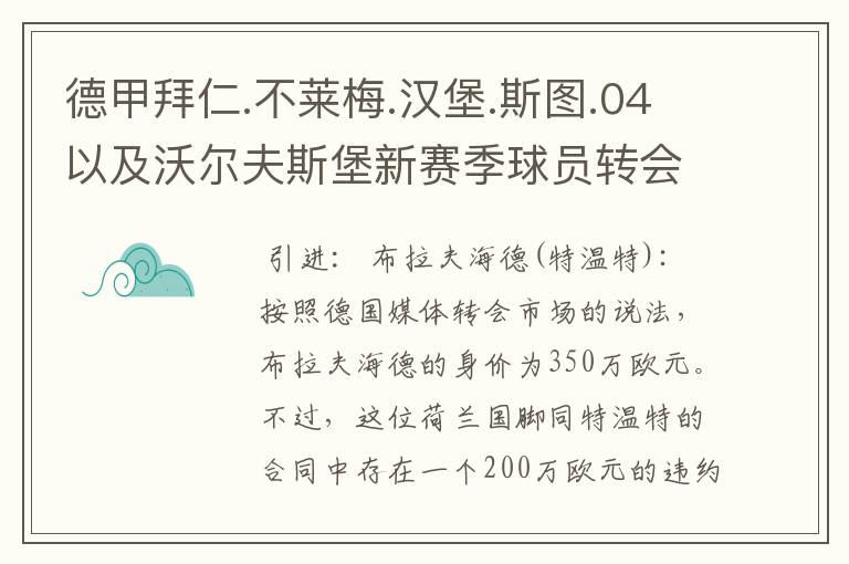 德甲拜仁.不莱梅.汉堡.斯图.04以及沃尔夫斯堡新赛季球员转会一览