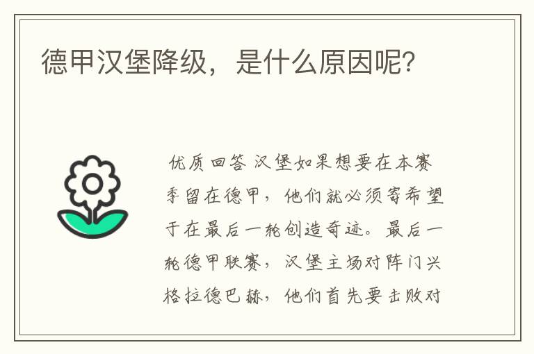 德甲汉堡降级，是什么原因呢？