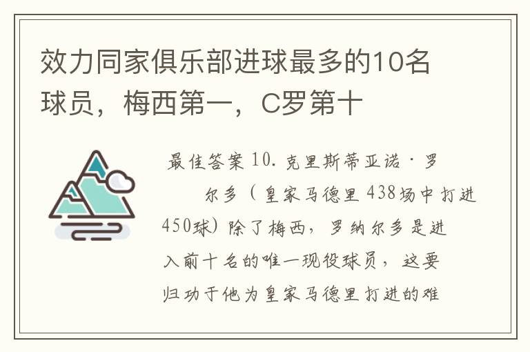 效力同家俱乐部进球最多的10名球员，梅西第一，C罗第十