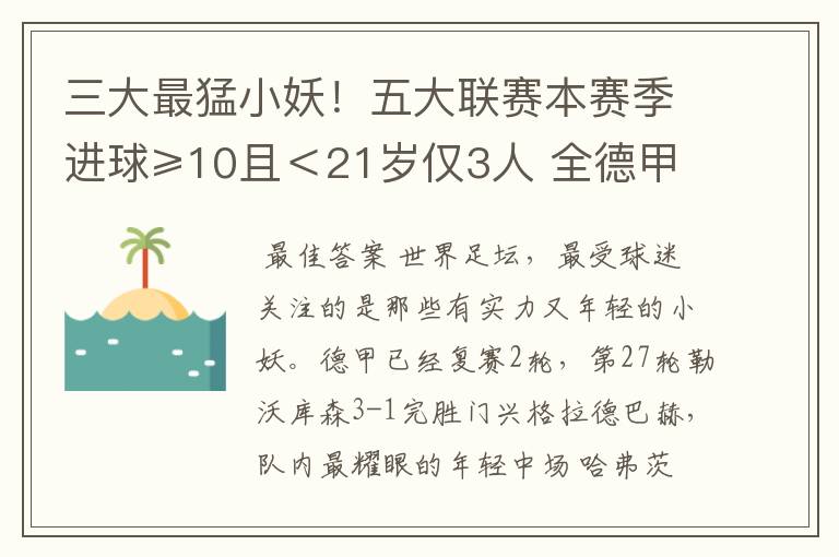 三大最猛小妖！五大联赛本赛季进球≥10且＜21岁仅3人 全德甲制造