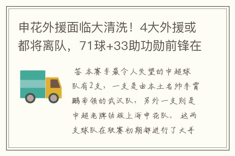 申花外援面临大清洗！4大外援或都将离队，71球+33助功勋前锋在列