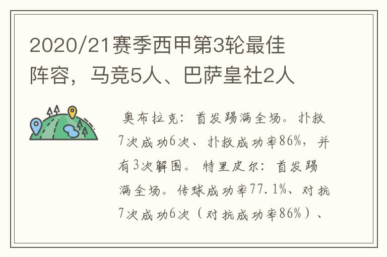 2020/21赛季西甲第3轮最佳阵容，马竞5人、巴萨皇社2人