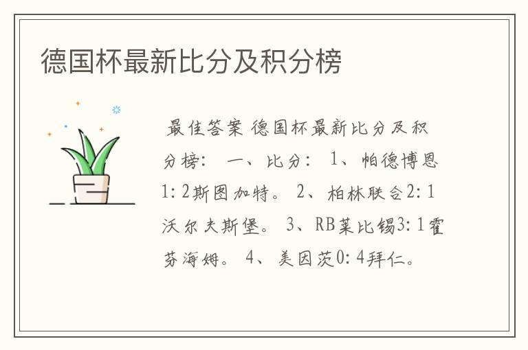 德国杯最新比分及积分榜