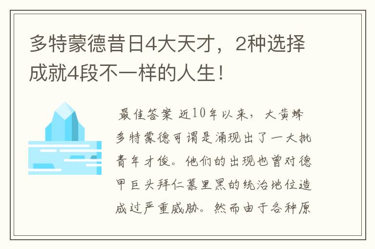 多特蒙德昔日4大天才，2种选择成就4段不一样的人生！