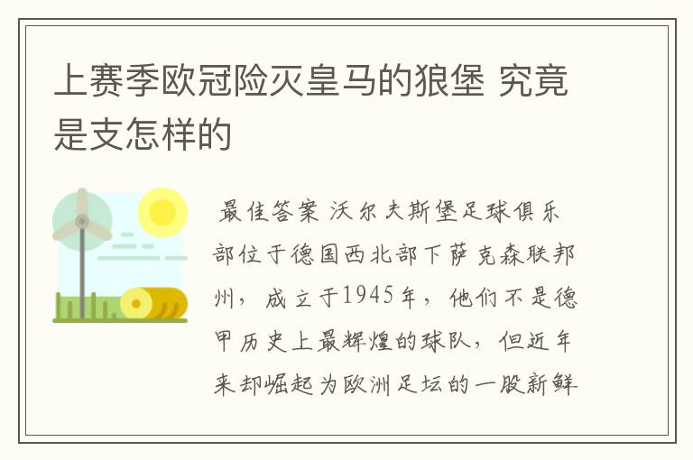 上赛季欧冠险灭皇马的狼堡 究竟是支怎样的