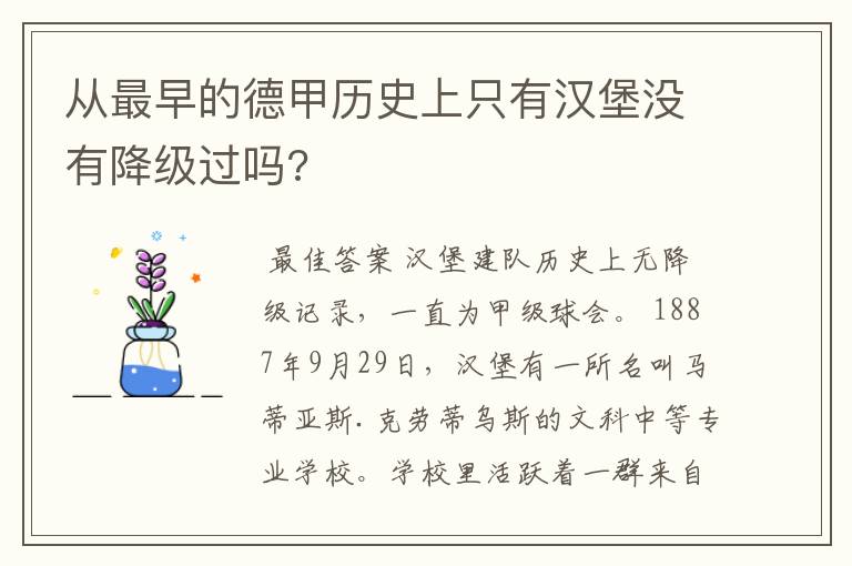 从最早的德甲历史上只有汉堡没有降级过吗?