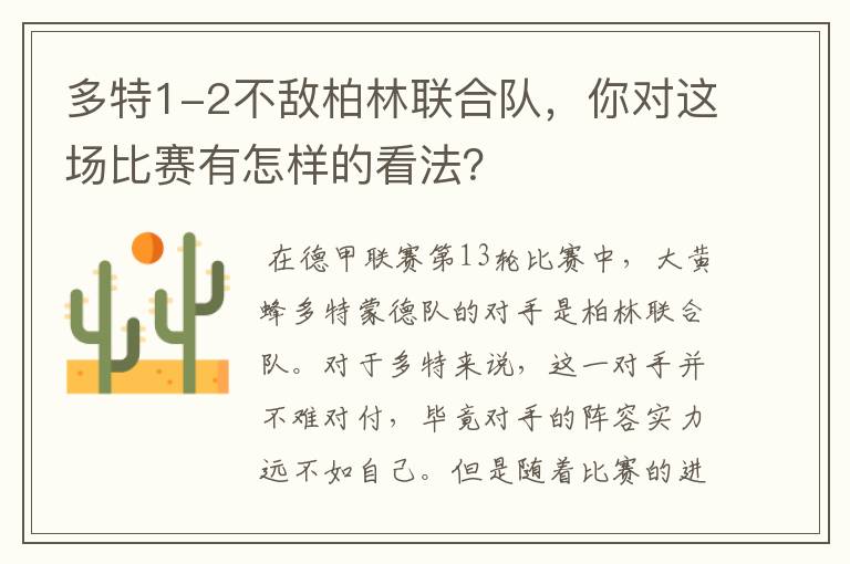 多特1-2不敌柏林联合队，你对这场比赛有怎样的看法？