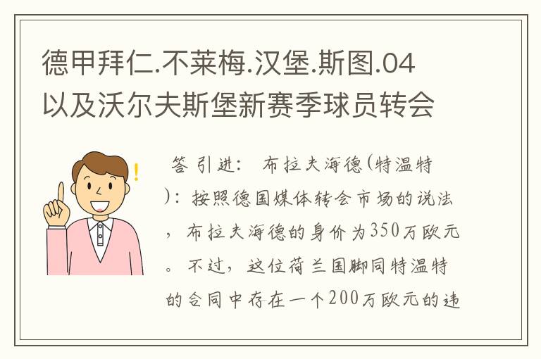 德甲拜仁.不莱梅.汉堡.斯图.04以及沃尔夫斯堡新赛季球员转会一览