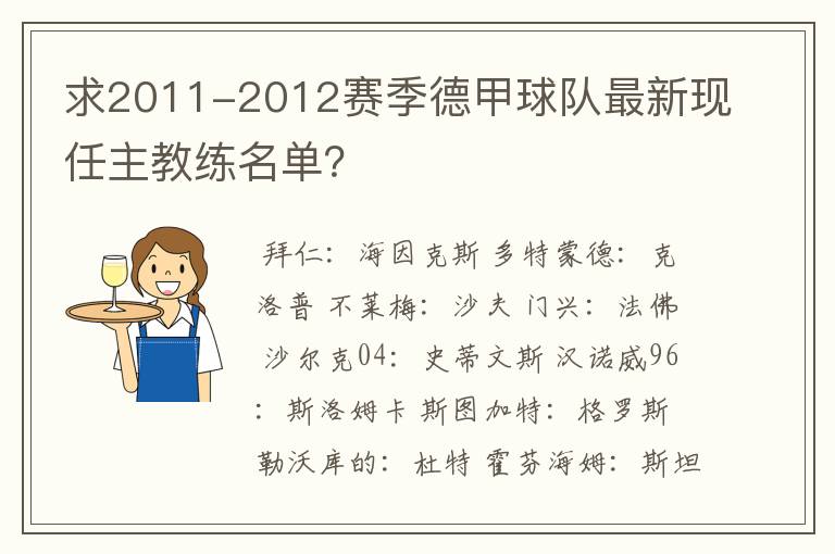 求2011-2012赛季德甲球队最新现任主教练名单？