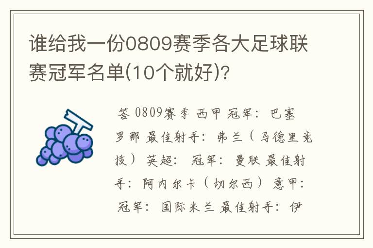 谁给我一份0809赛季各大足球联赛冠军名单(10个就好)?