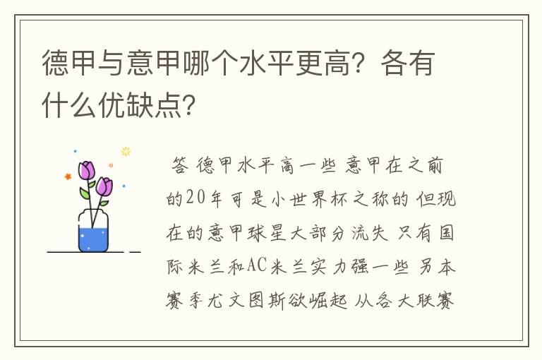 德甲与意甲哪个水平更高？各有什么优缺点？