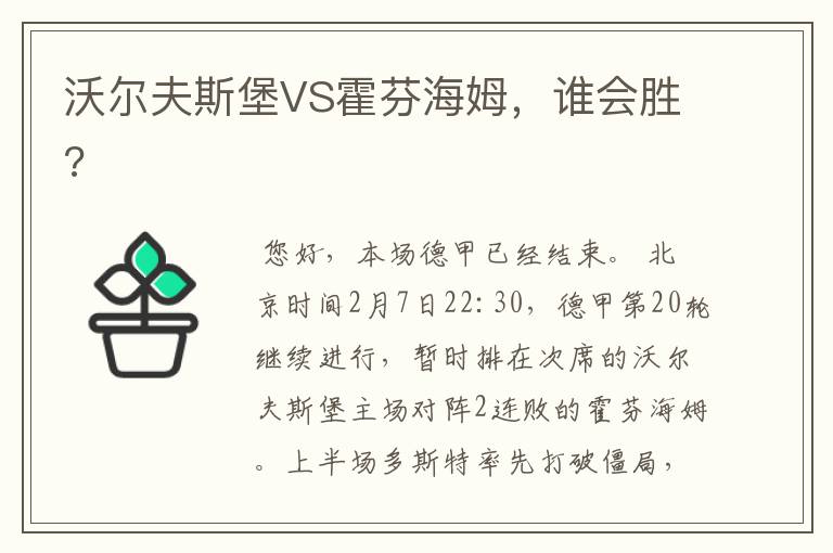 沃尔夫斯堡VS霍芬海姆，谁会胜?