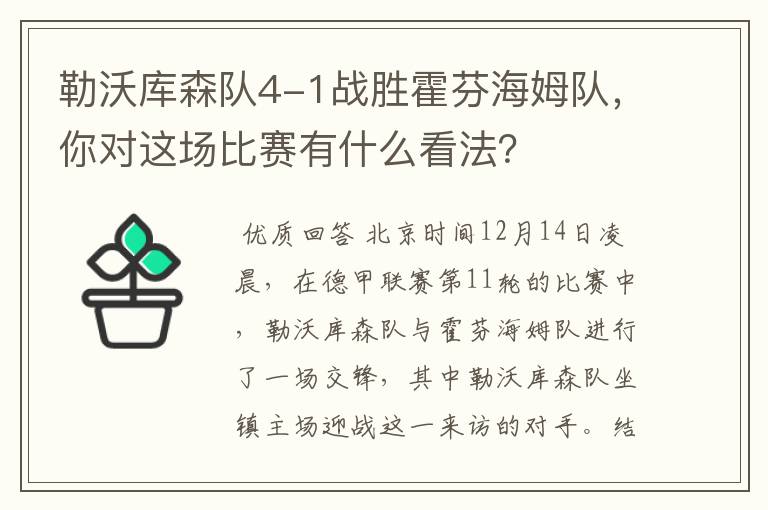 勒沃库森队4-1战胜霍芬海姆队，你对这场比赛有什么看法？