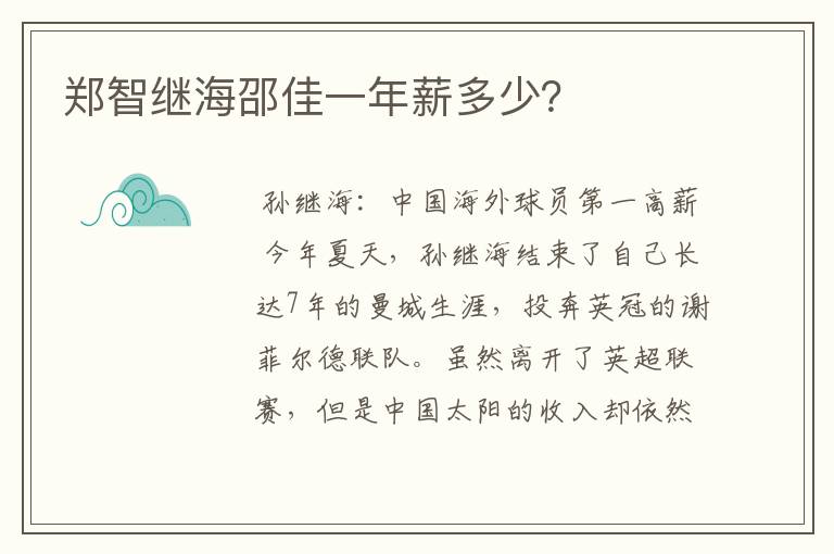 郑智继海邵佳一年薪多少？