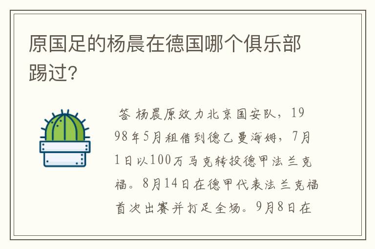 原国足的杨晨在德国哪个俱乐部踢过?