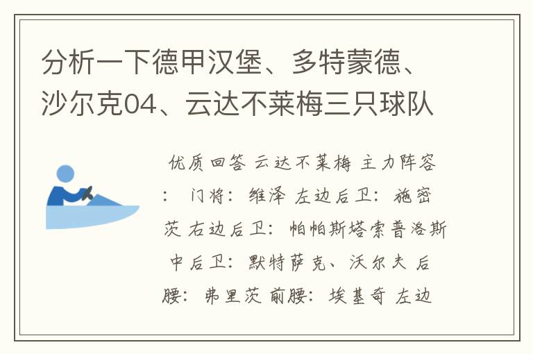 分析一下德甲汉堡、多特蒙德、沙尔克04、云达不莱梅三只球队的人员打法和阵型