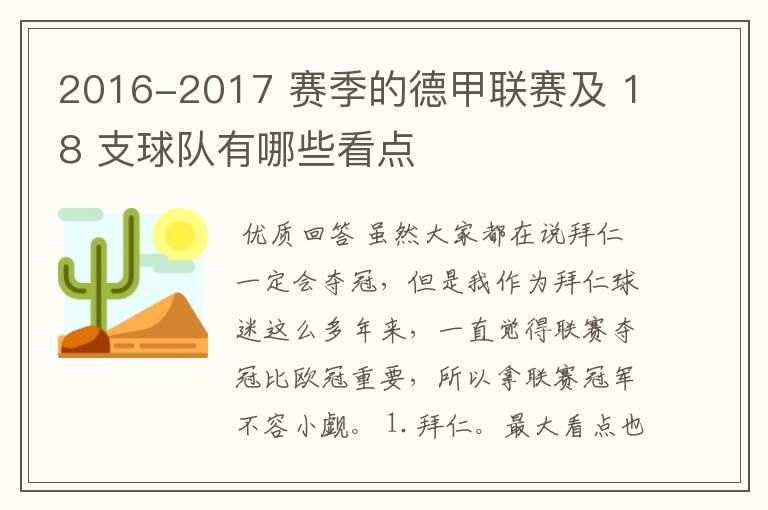 2016-2017 赛季的德甲联赛及 18 支球队有哪些看点