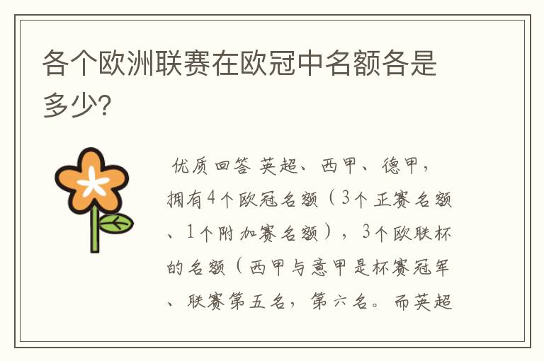 各个欧洲联赛在欧冠中名额各是多少？