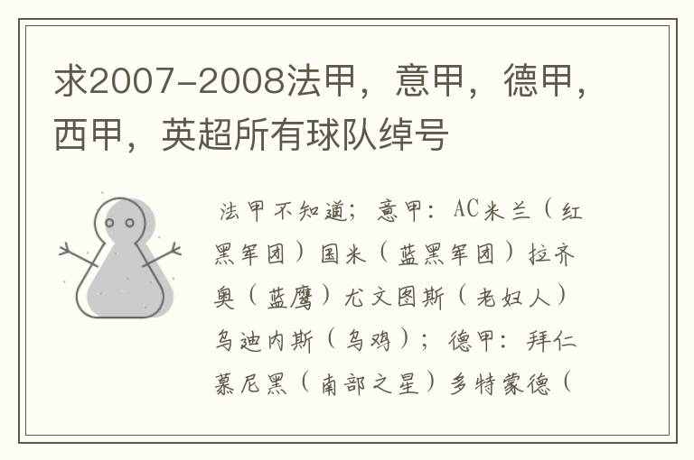 求2007-2008法甲，意甲，德甲，西甲，英超所有球队绰号