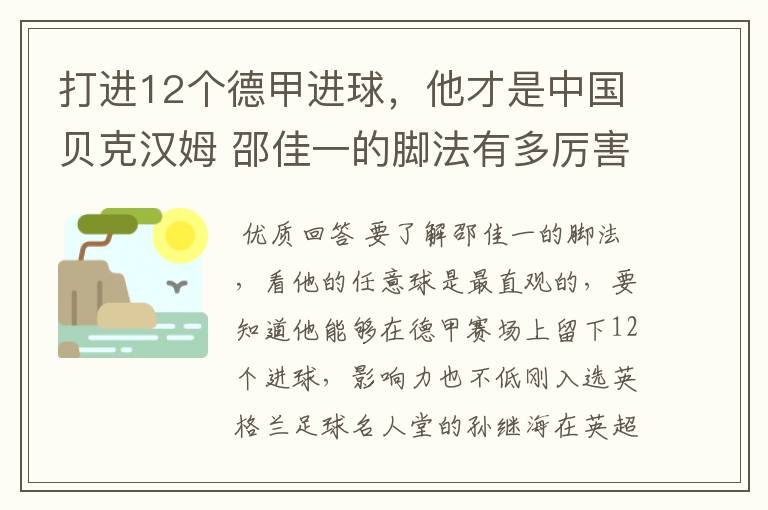 打进12个德甲进球，他才是中国贝克汉姆 邵佳一的脚法有多厉害