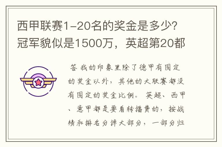 西甲联赛1-20名的奖金是多少？冠军貌似是1500万，英超第20都是4000万呀！