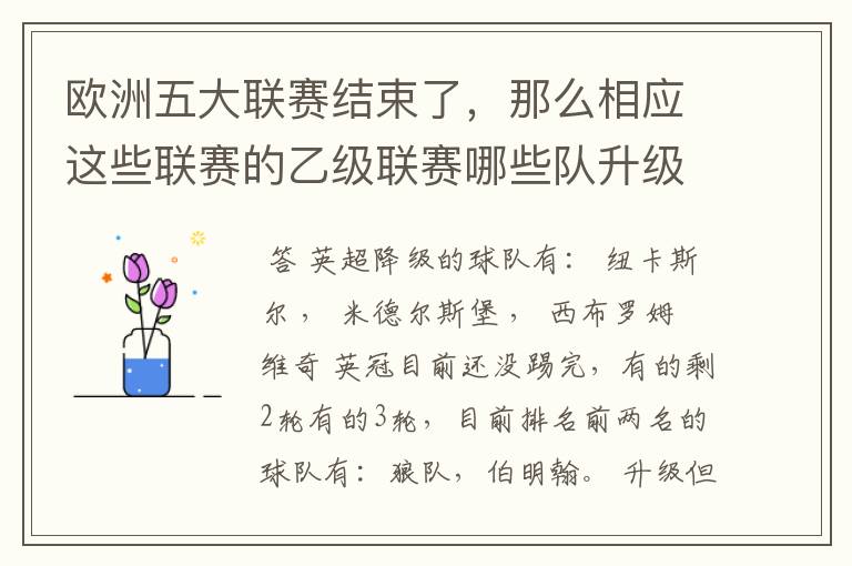 欧洲五大联赛结束了，那么相应这些联赛的乙级联赛哪些队升级了？