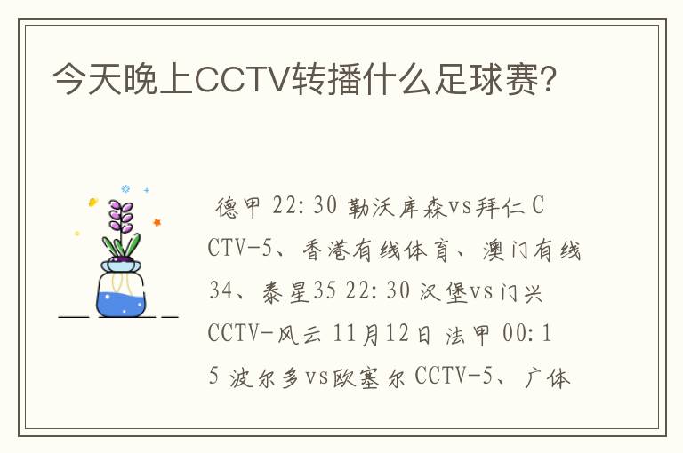 今天晚上CCTV转播什么足球赛？