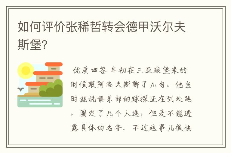 如何评价张稀哲转会德甲沃尔夫斯堡？