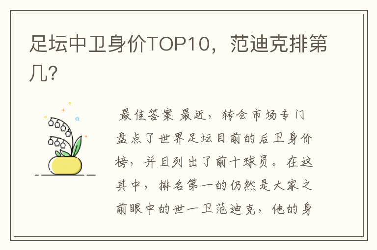 足坛中卫身价TOP10，范迪克排第几？