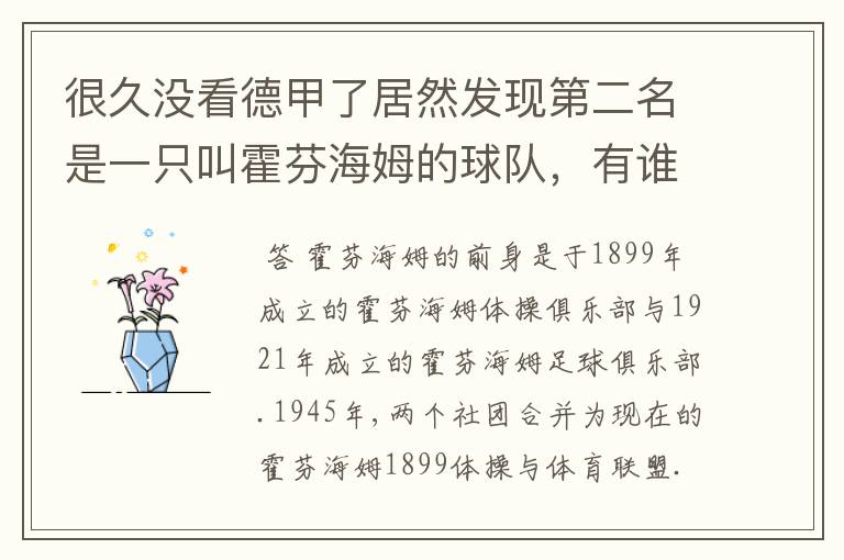 很久没看德甲了居然发现第二名是一只叫霍芬海姆的球队，有谁知道吗