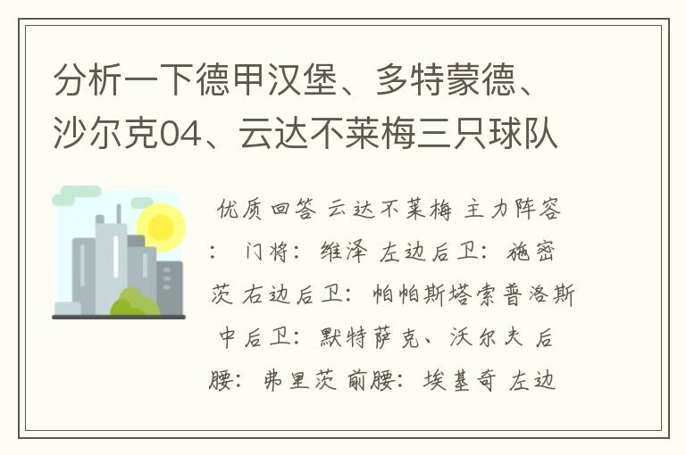 分析一下德甲汉堡、多特蒙德、沙尔克04、云达不莱梅三只球队的人员打法和阵型