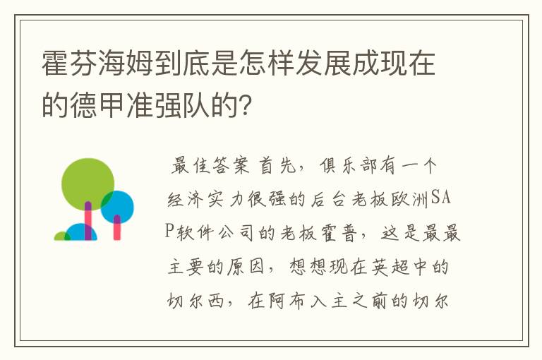 霍芬海姆到底是怎样发展成现在的德甲准强队的？