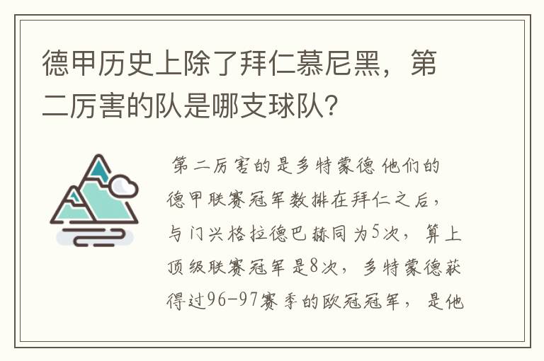 德甲历史上除了拜仁慕尼黑，第二厉害的队是哪支球队？