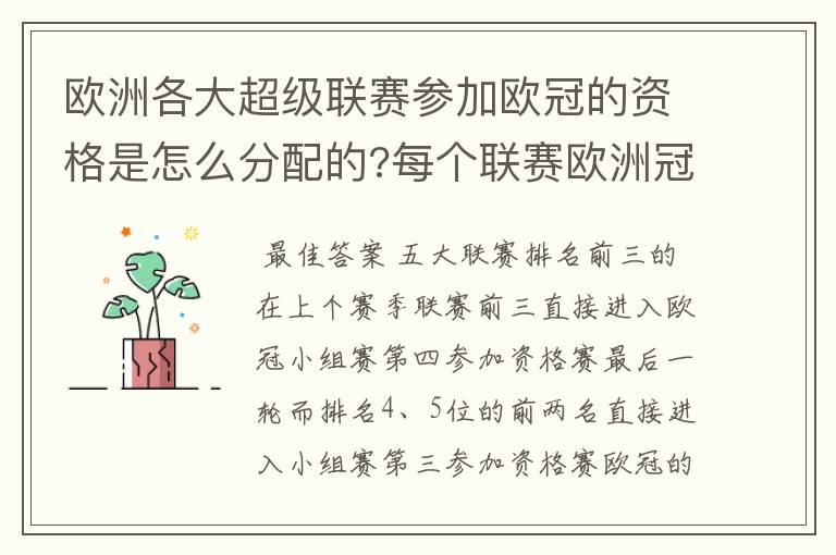 欧洲各大超级联赛参加欧冠的资格是怎么分配的?每个联赛欧洲冠军杯参赛队