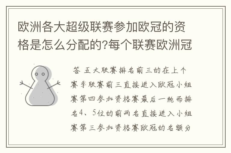 欧洲各大超级联赛参加欧冠的资格是怎么分配的?每个联赛欧洲冠军杯参赛队