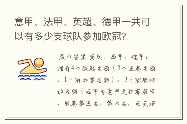 意甲、法甲、英超、德甲一共可以有多少支球队参加欧冠？