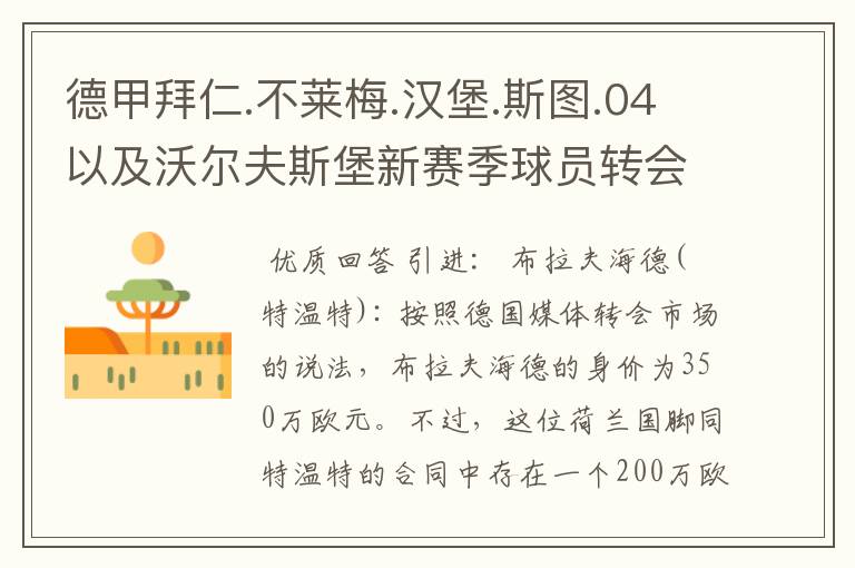 德甲拜仁.不莱梅.汉堡.斯图.04以及沃尔夫斯堡新赛季球员转会一览