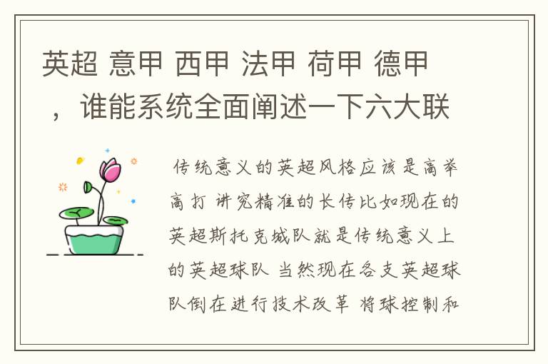 英超 意甲 西甲 法甲 荷甲 德甲 ，谁能系统全面阐述一下六大联赛风格的优缺点 ，