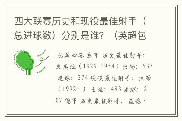 四大联赛历史和现役最佳射手（总进球数）分别是谁？（英超包括英甲）