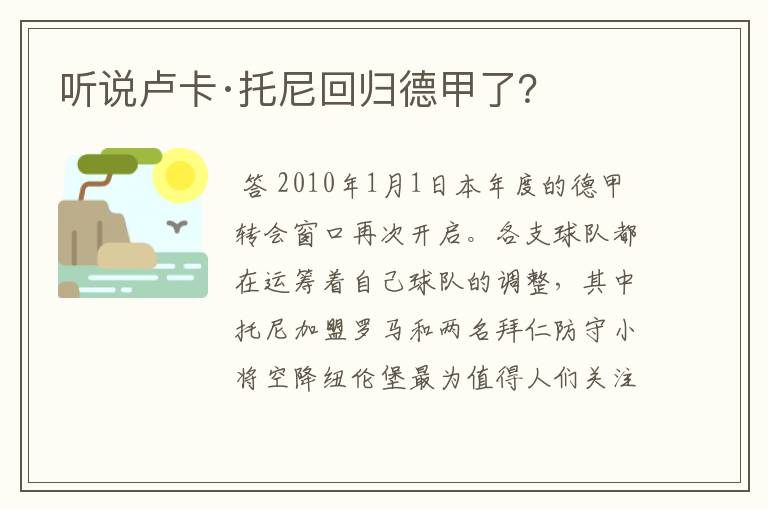 听说卢卡·托尼回归德甲了？